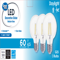 Одлична вредност g LED сијалица, 3-вати дневна светлина Декоративна глобус е база затемнета, 3pk