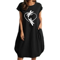 Женски Летни Фустани За Жени О-Вратот Џеб Печатење Фустан Со Кратки Ракави