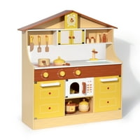 Дрвена се преправа кујна поставена за деца деца, со садови, кујнски лопати, дрвена кифла, зачини за деца играчки за подароци