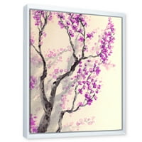 DesignART 'Апстрактни пролетни виолетови цвеќиња на традиционалното врамен платно за печатење на платното на гранките на дрвјата