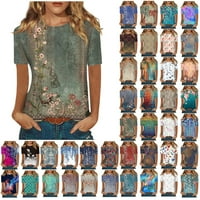 Женски Врвови Обична Блуза Со Кратки Ракави Цветни Жени Летни Кошули За Вратот На Екипажот Сини